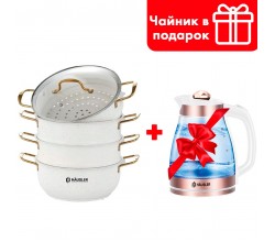 Мантоварка HAUSLER Cream Grani HLS-D28GC01 + Электрочайник HAUSLER HLS-1803G золотистый 